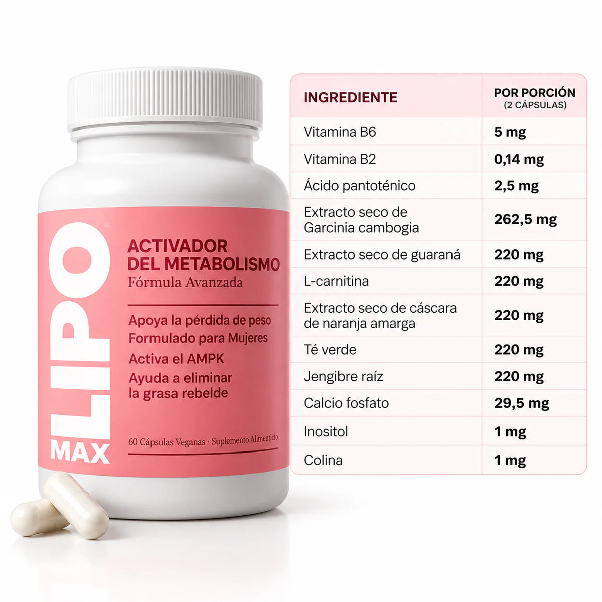 Tabla de ingredientes de LIPO MAX por porcion