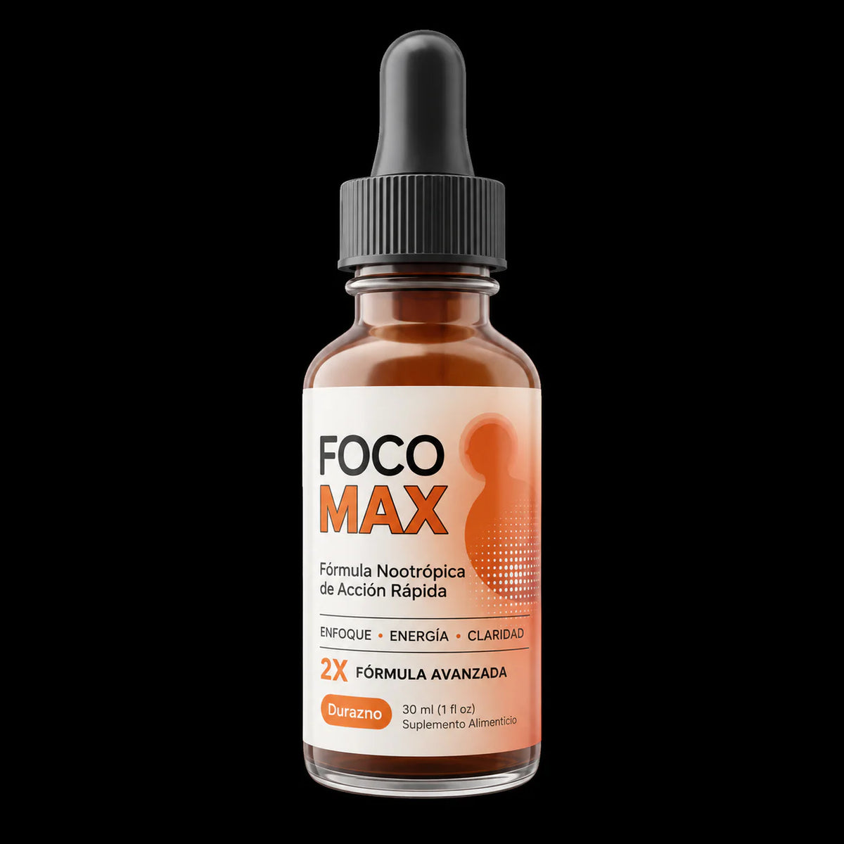 FOCO MAX, frasco de 30 ml con gotero, fórmula nootrópica sabor durazno