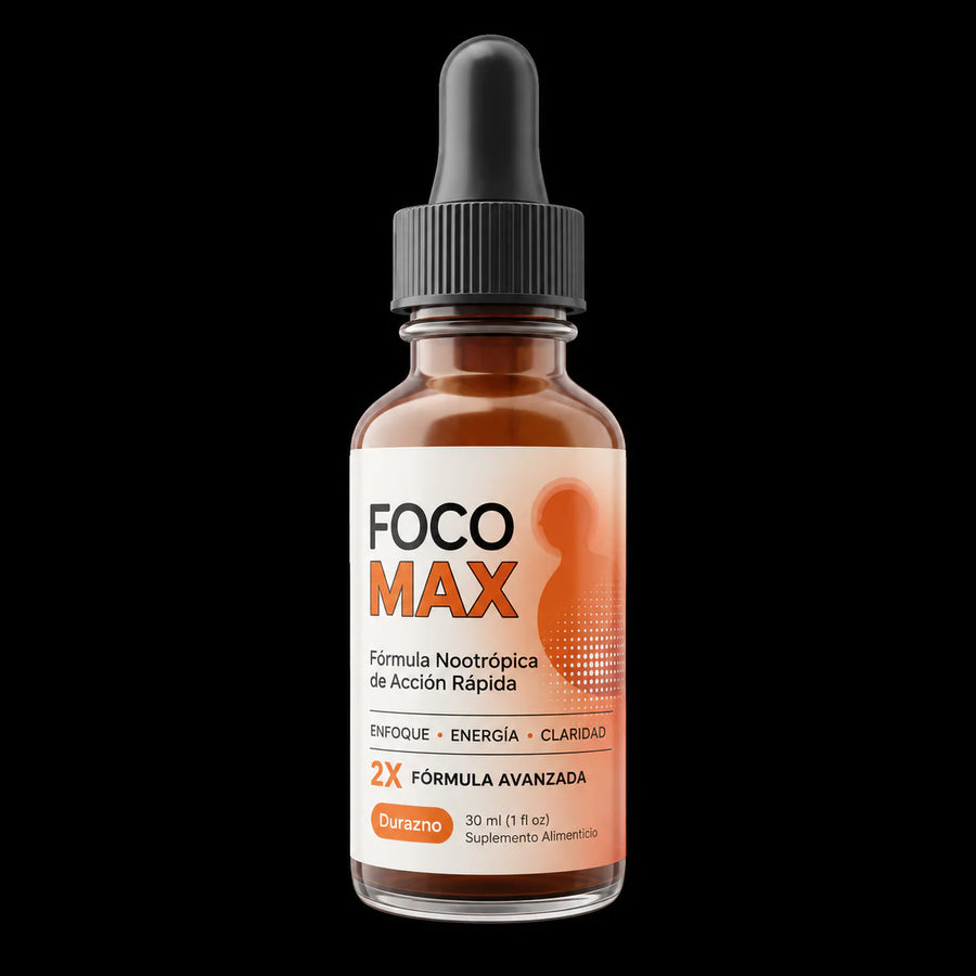 FOCO MAX, frasco de 30 ml con gotero, fórmula nootrópica sabor durazno
