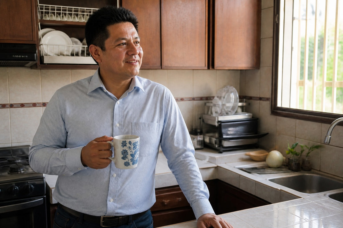 Él, solo, en la cocina por la mañana con su café