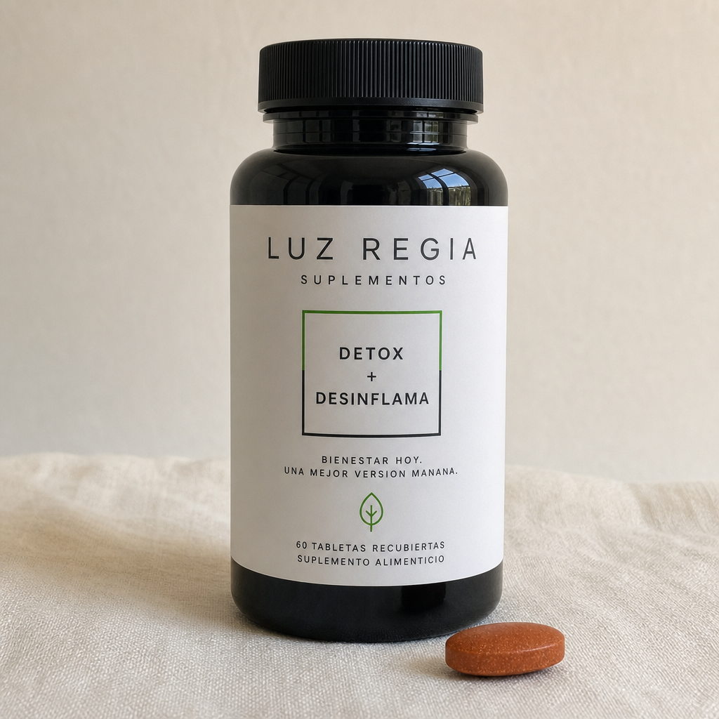 Frasco Detox + Desinflama con una tableta al lado